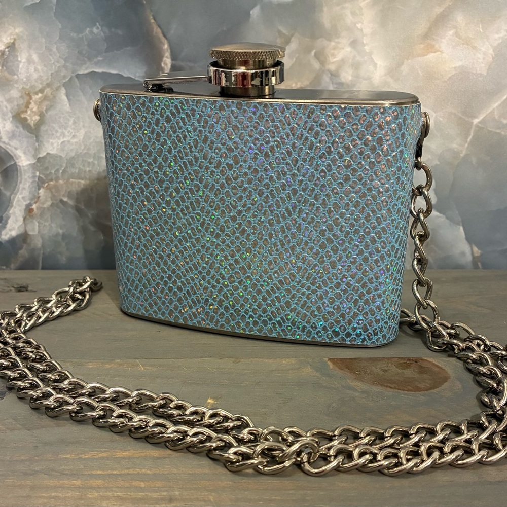 Baby Blue Iridescent Snake Skin Pattern Stainless Steel 12oz Flask.